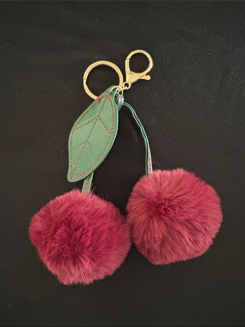 Pom Pom Cherry Keychain Bag Charm - Green Leaf with Burgundy Poms